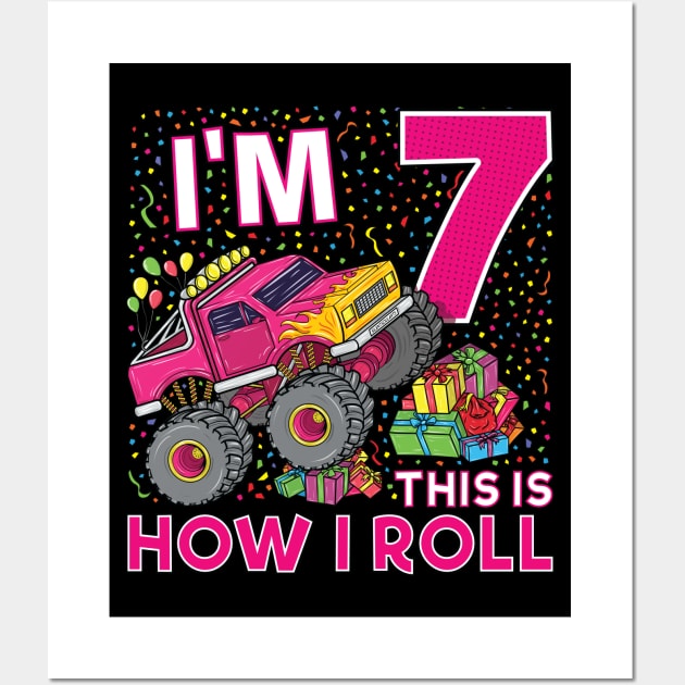 7th Birthday Monster Truck Party Gift 7 Year Old Girl Wall Art by silentsoularts